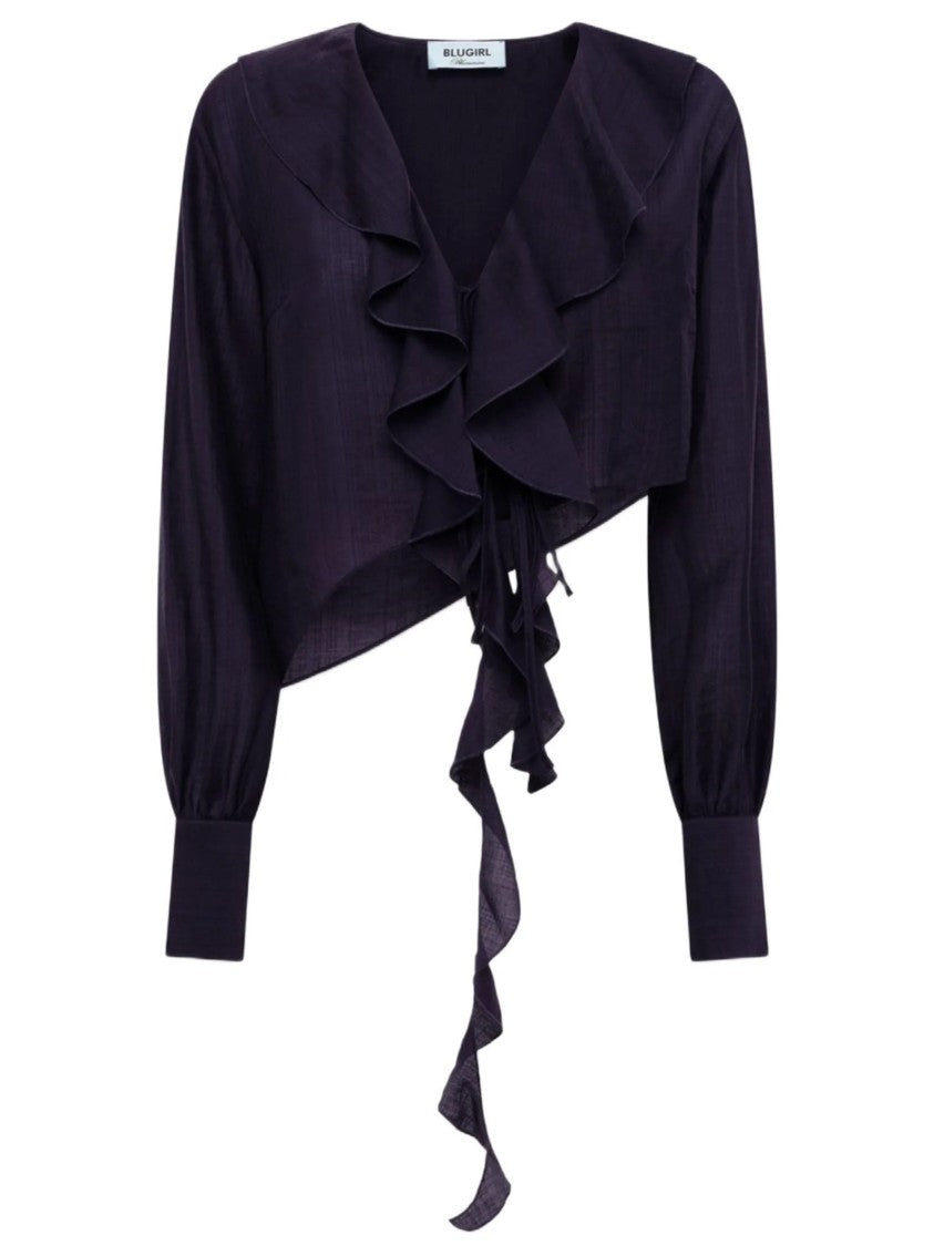 Blugirl Deep V-Neck Cropped Ruffled Blouse