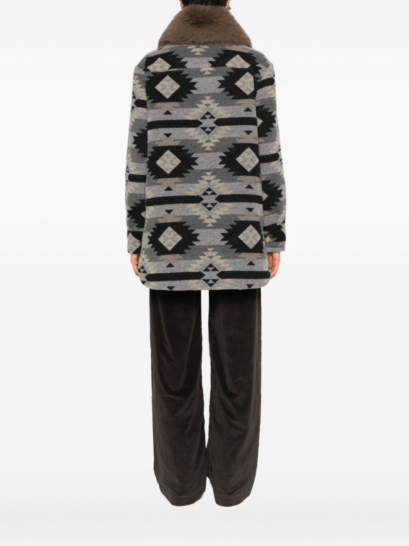 Ava Adore Boxy Short Coat With Geometric Tribal Pattern And Oversized Fur Collar