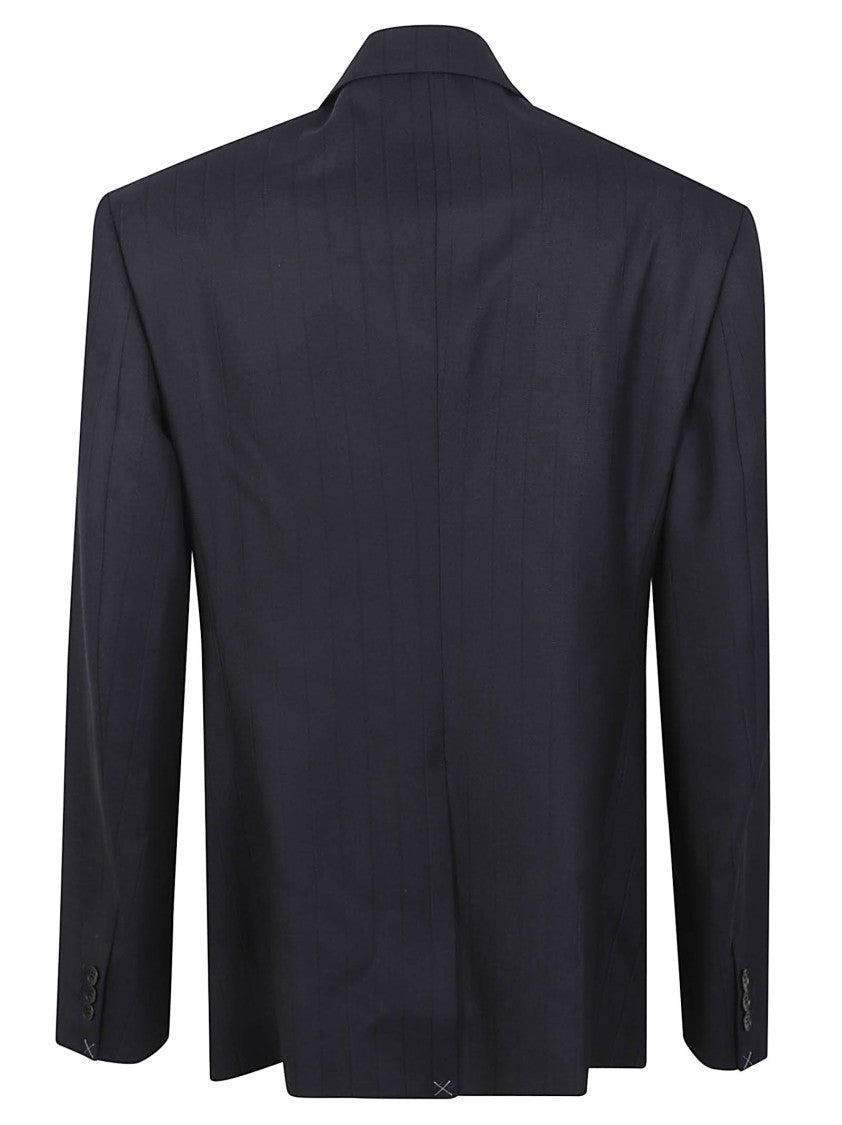 Versace Double-Breasted Pinstripe Blazer With Removable Medusa Pin