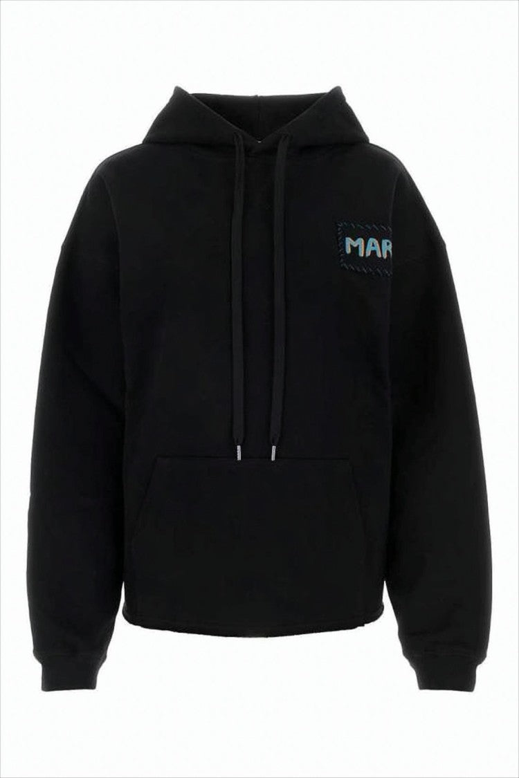 Marni Cropped Black Hoodie With Drawstring And Kangaroo Pocket