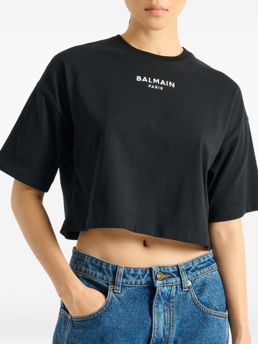 Balmain White Embroidered Cropped Contrasting Logo T-Shirt