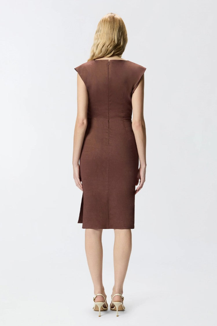Pinko Brown Alissa Ruched Side Seam Linen-Blend Mini Dress