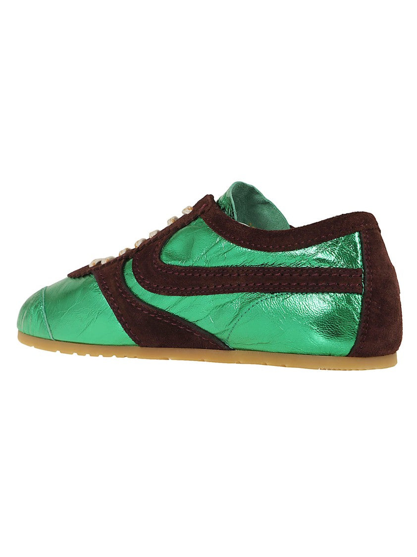 Dries Van Noten Curved Panel Shoes In Metallic Green And Chocolate Suede