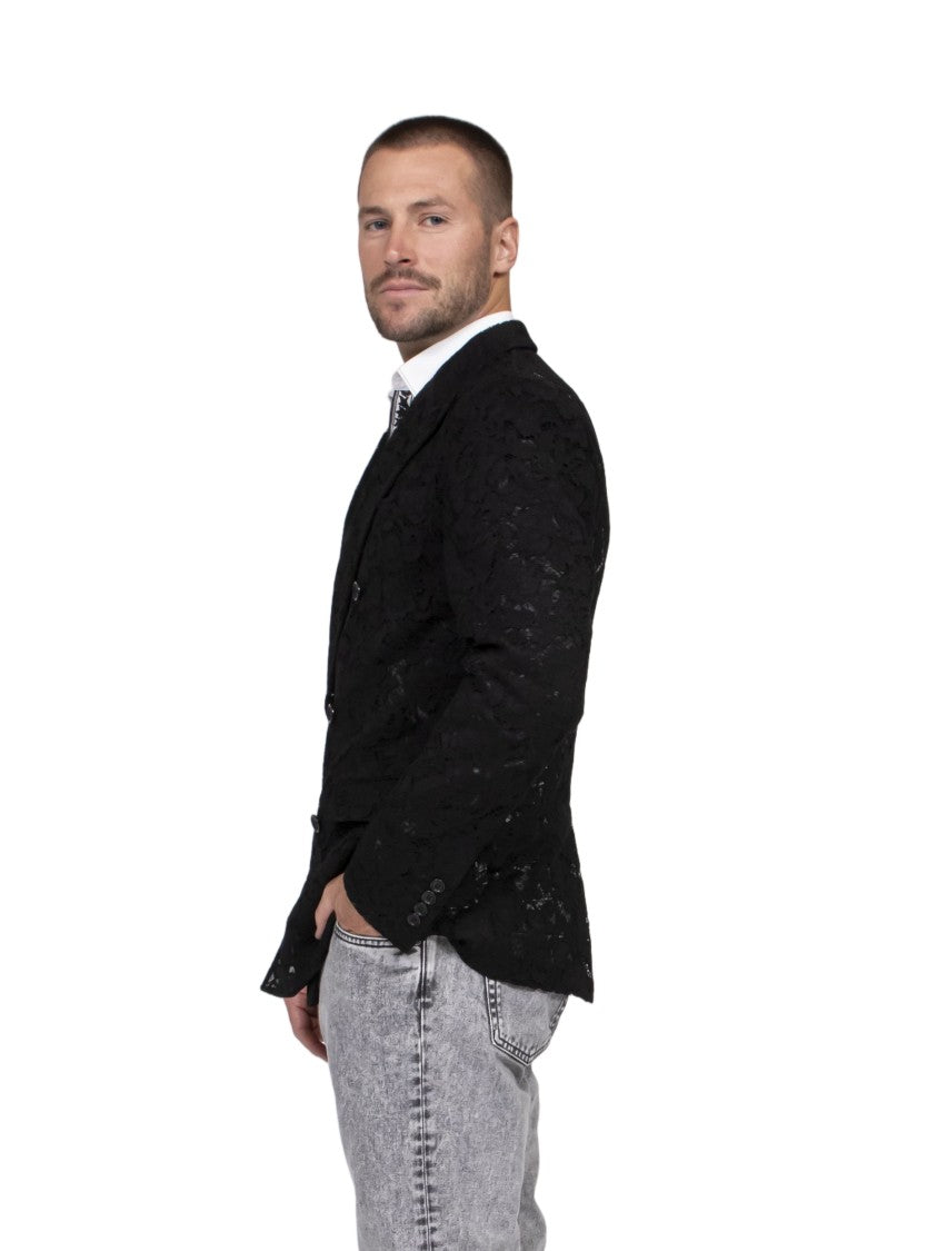 Dolce & Gabbana Black Lace Overlay Double-Breasted Tailored Jacket