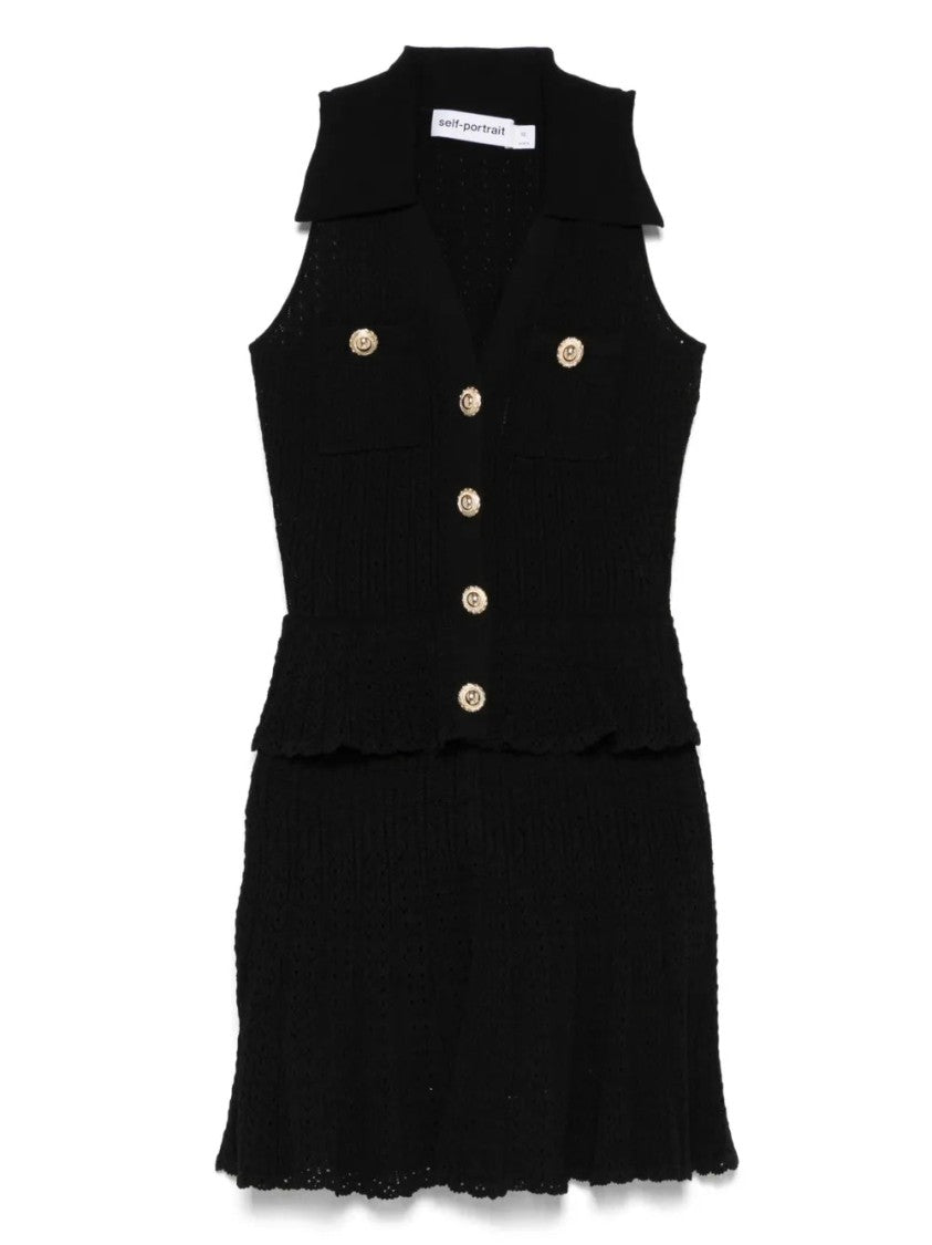 Self-Portrait Pointelle-Knit Mini Dress With Flap Pockets And Chain-Link Accents