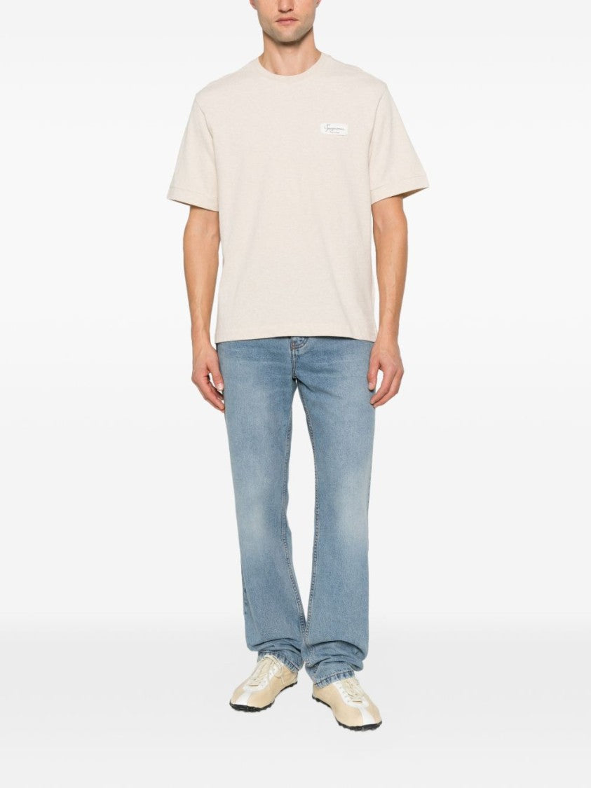 Jacquemus Crew Neck T-Shirt In Light Beige With Rectangular Logo Patch