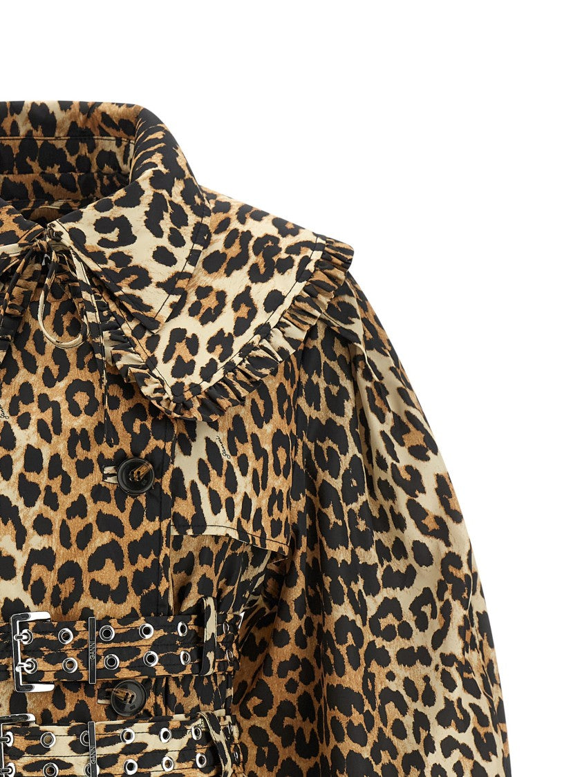 Ganni 'Leopard Duchesse Nylon Short' Trench Coat