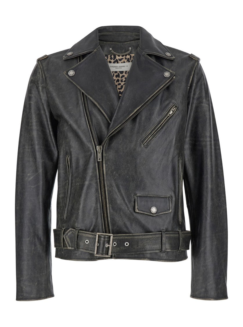 Golden Goose Black Biker Jacket With Notched Revers