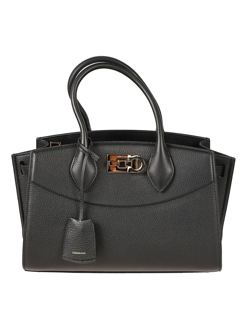 Ferragamo Structured Handbag In Textured Black Calf Leather