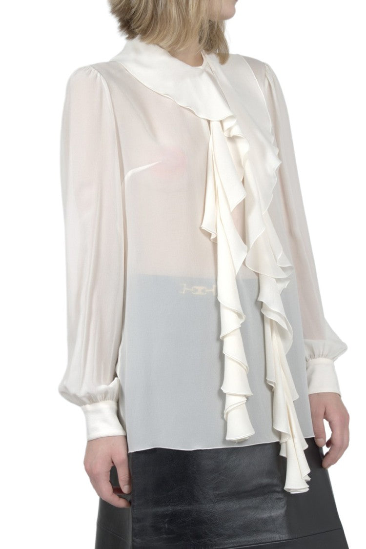 Dolce & Gabbana White Silk Ruffle-Front Tie-Neck Blouse