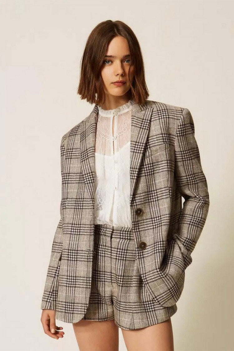 Twin-Set Grey Wool-Polyester Blend Plaid Check Blazer