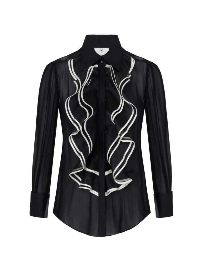 Elisabetta Franchi Sheer Black Ruffled Silk Shirt