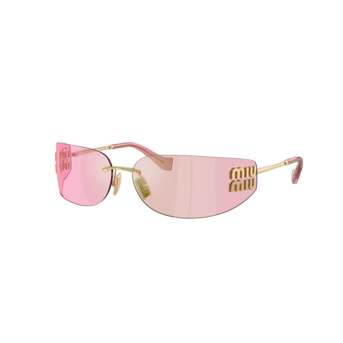 Miu Miu Rimless Rectangular Sunglasses With Gold-Toned Temples And Pink Lenses