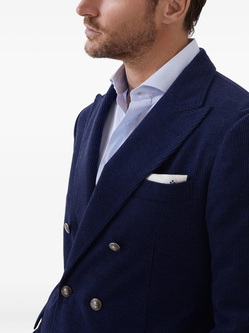 Brunello Cucinelli Double-Breasted Navy Blue Corduroy Blazer