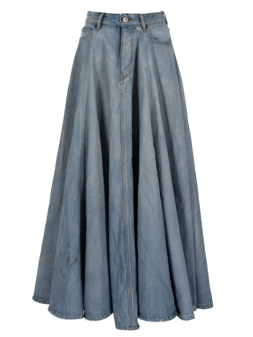 Balenciaga Godet-Style Long Skirt In Faded Denim