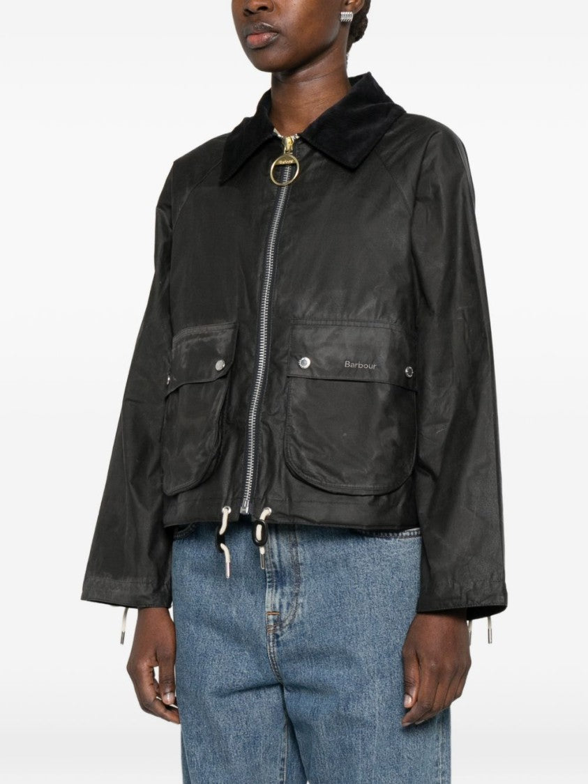 Barbour Short Grey Coat With Corduroy Collar And Flap Pockets