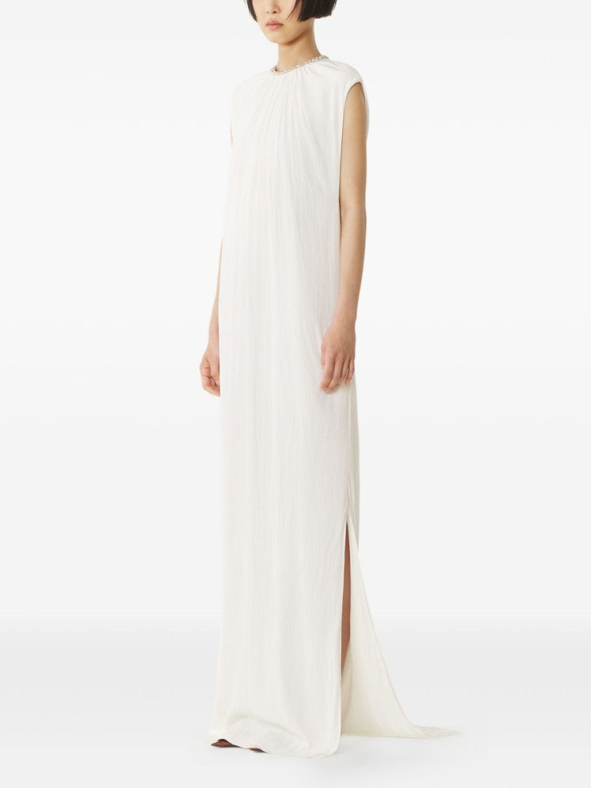 Lanvin White Embellished Collar Gathered Sleeveless Dress