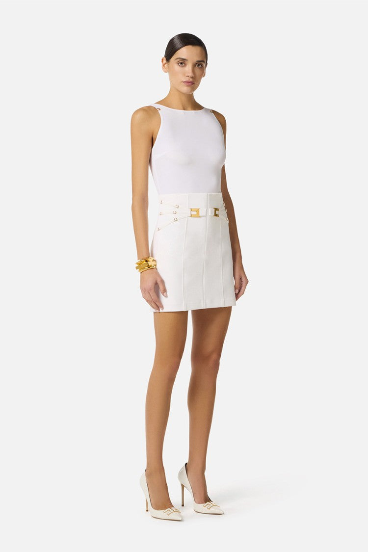 Elisabetta Franchi Ivory High-Waisted Gold Logo Buckle Viscose-Blend Mini Skirt