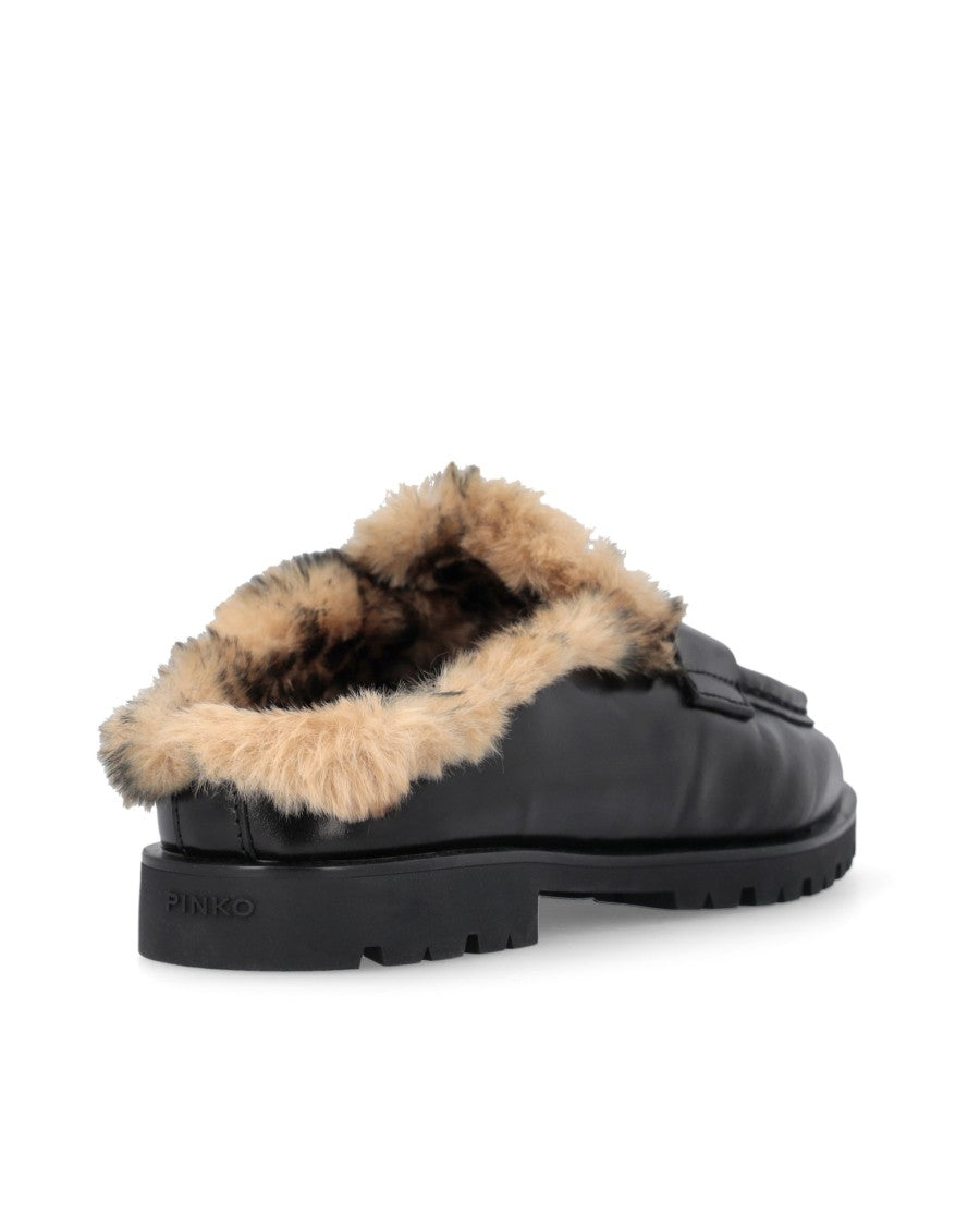 Pinko Black Leather Faux Fur Nora 09 Mules