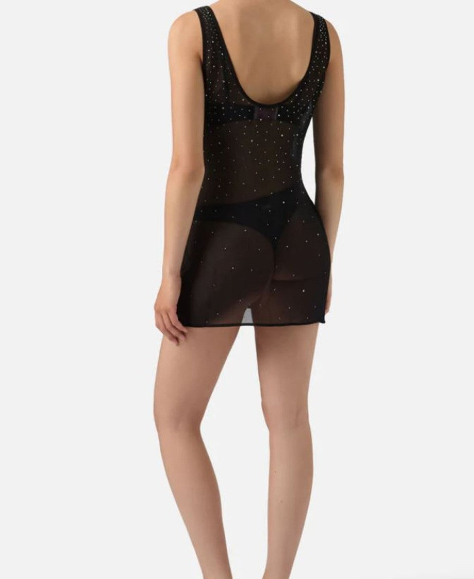 Mc2 Saint Barth Sheer Black Mini Dress With Sparkling Embellishments