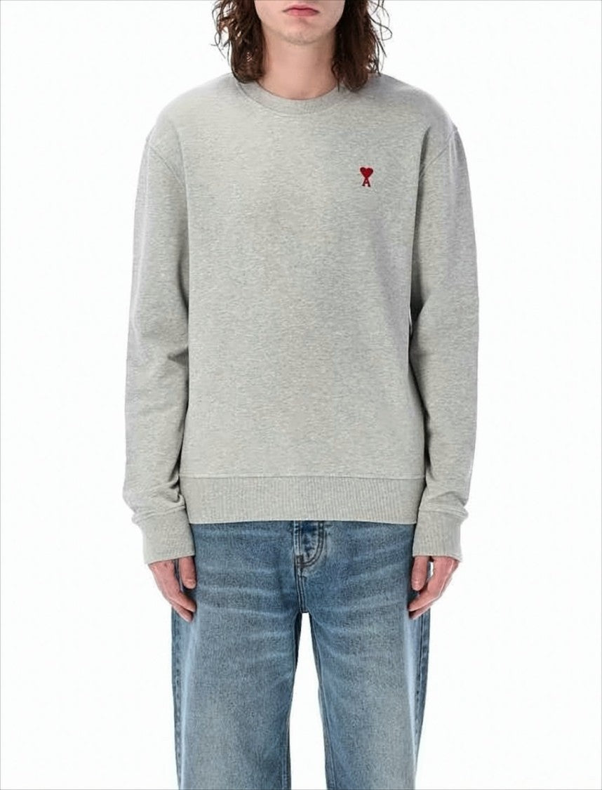Ami Heather Grey Long-Sleeve Crewneck Sweatshirt With Embroidered Heart