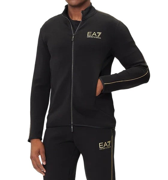 Ea7 Emporio Armani Slim-Fit Black Zip-Closure Sweatshirt With Gold Detailing