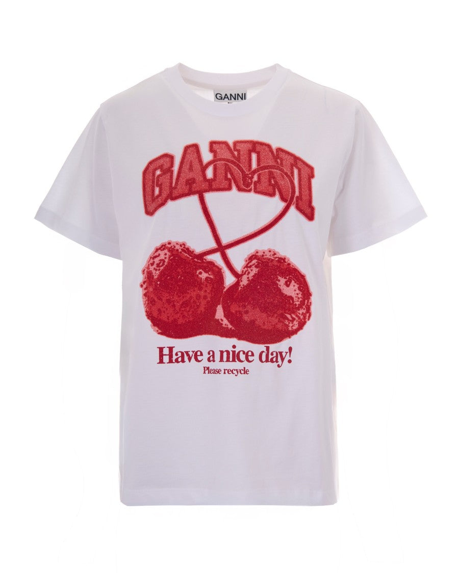 Ganni Graphic Print Cherry T-Shirt With Round Neckline