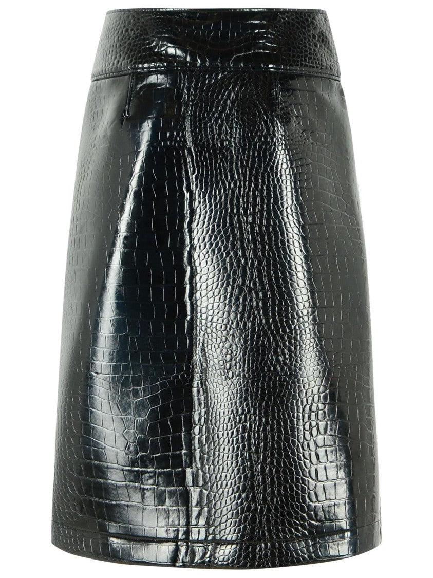 Sportmax Longuette Skirt With Black Crocodile Print In Patent Leather