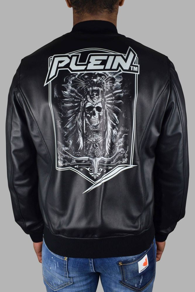 Philipp Plein Black Leather Bomber Jacket With Skull Design