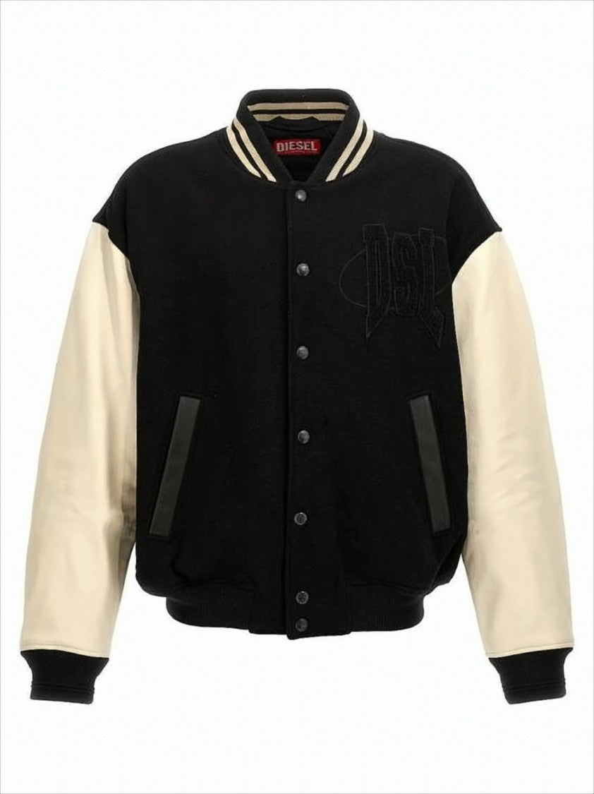 Diesel Varsity-Style Black Wool Bomber Jacket