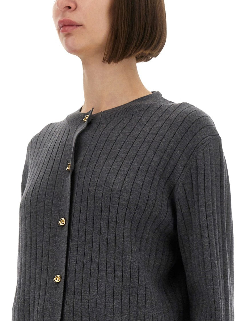 Bottega Veneta Ribbed Wool Cardigan With Gold-Tone Button Closure