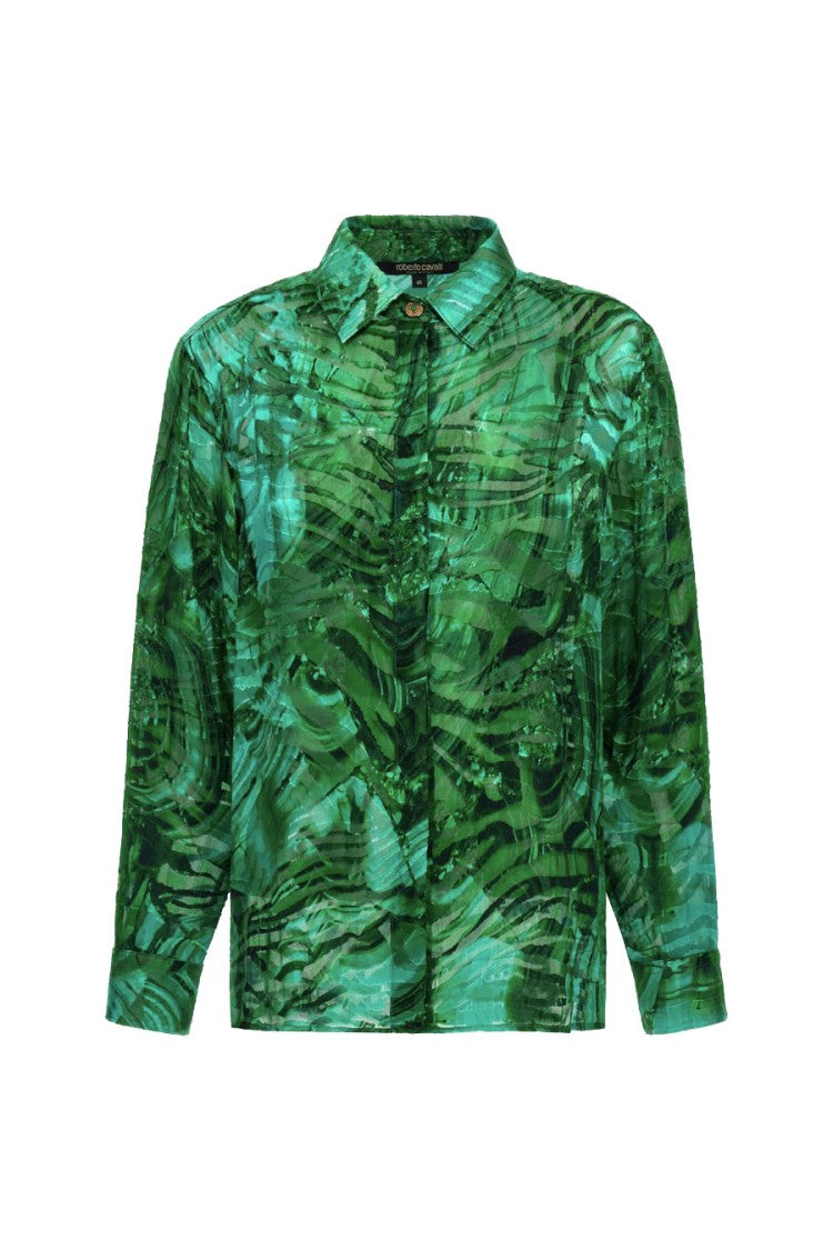 Roberto Cavalli Green Viscose-Silk Abstract-Print Shirt