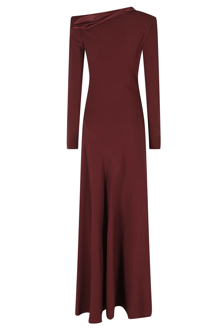 Alberta Ferretti Bordeaux Asymmetric Slit Viscose Satin Maxi Dress