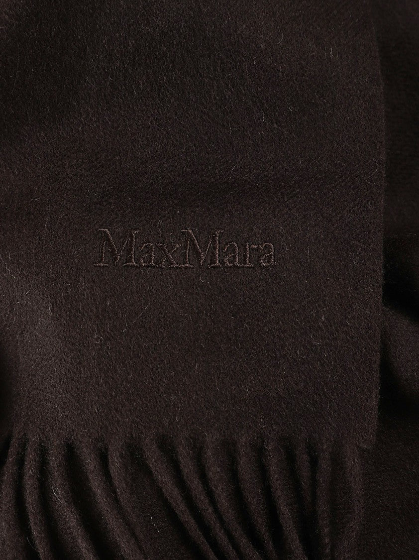Max Mara Dark Brown Scarf With Fringed Edges And Embroidered Branding