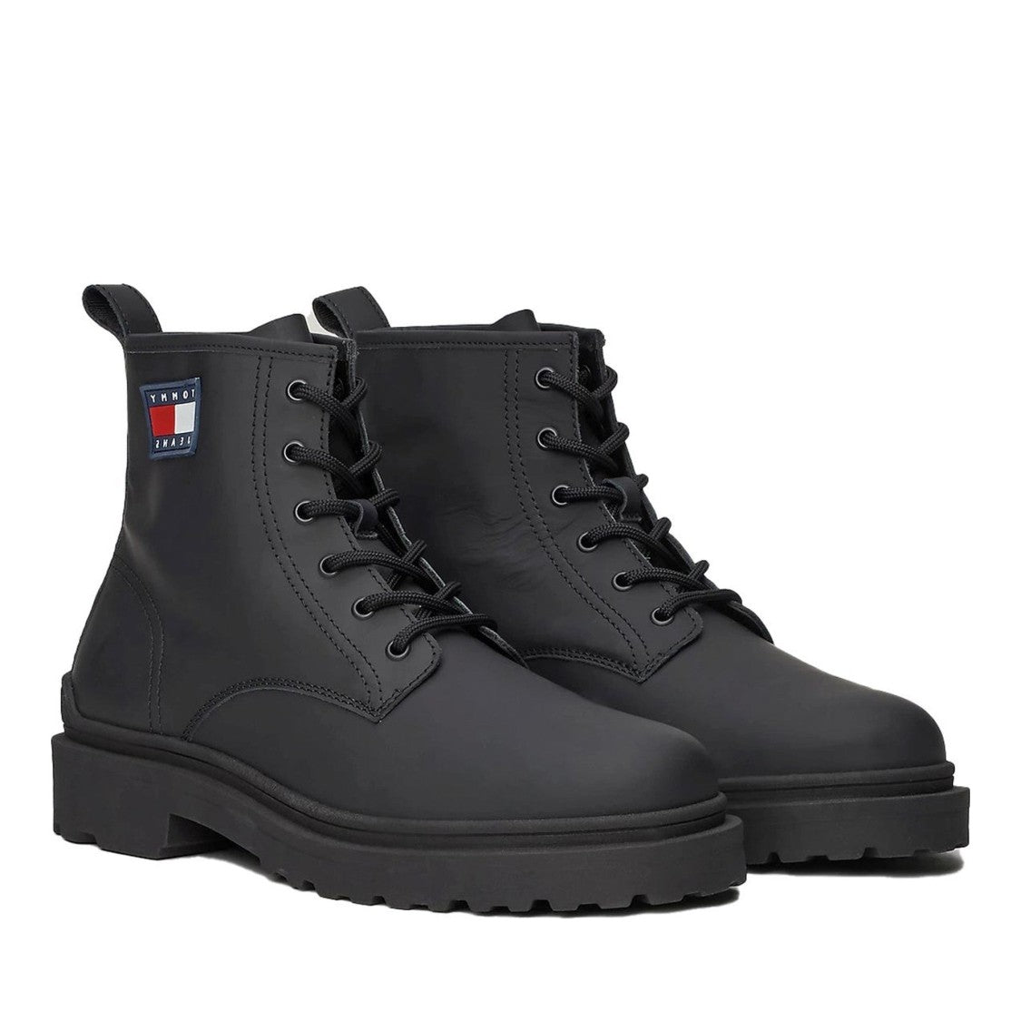 Tommy Jeans Black Sleek Matte Lace-Up Leather Boots