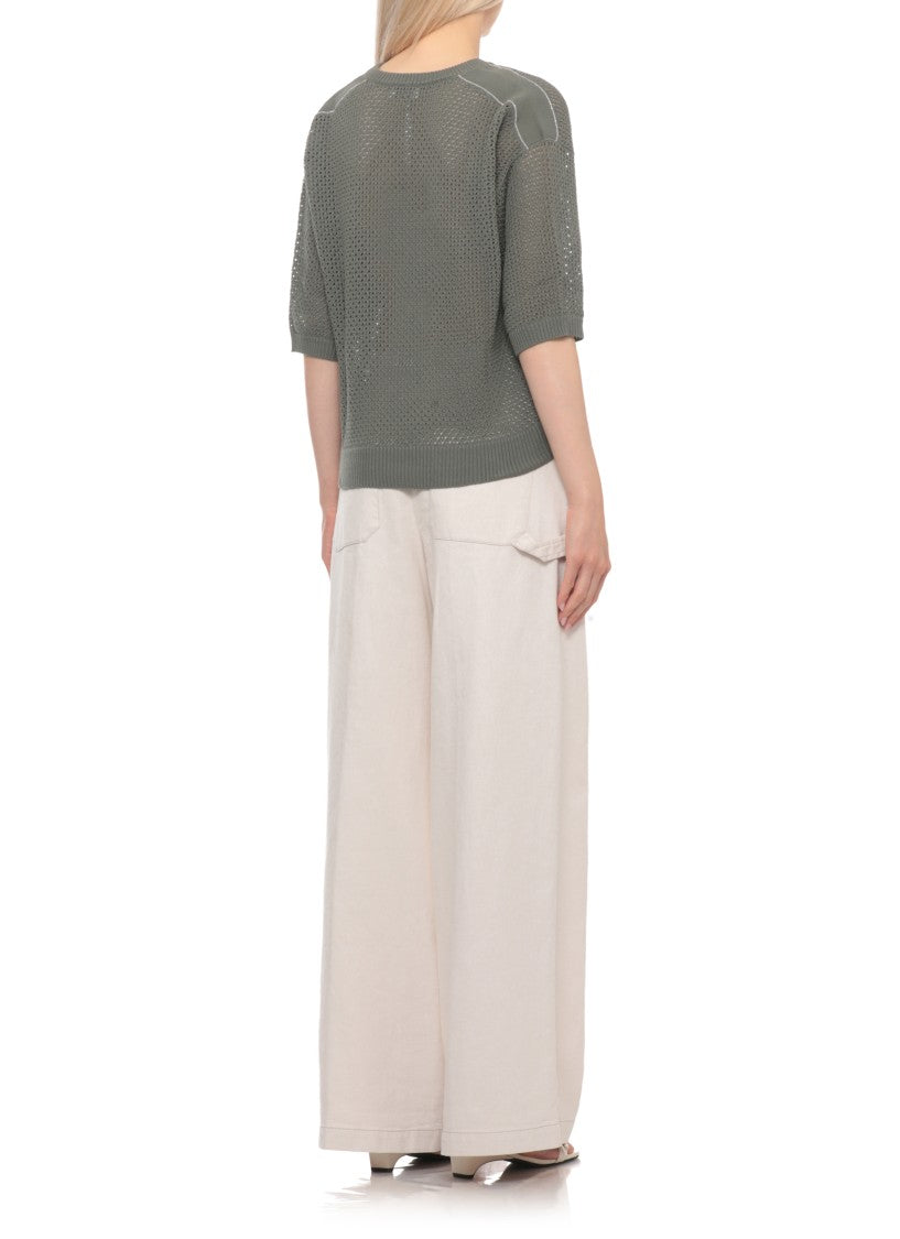 Peserico Grey V-Neck Perforated Sweater