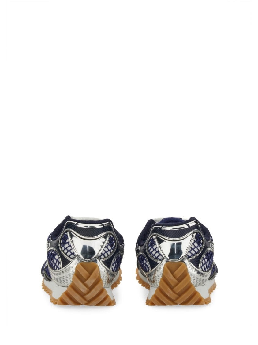 Bottega Veneta Futuristic Metallic Silver Sneakers With Navy Blue Mesh Accents