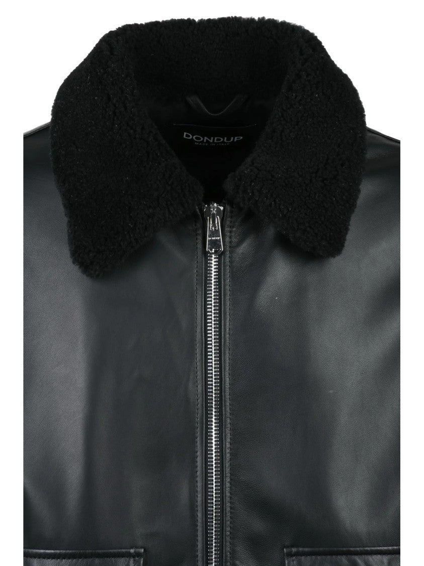 Dondup Black Leather Bomber Jacket With Plush Collar And Ribbed Cuffs