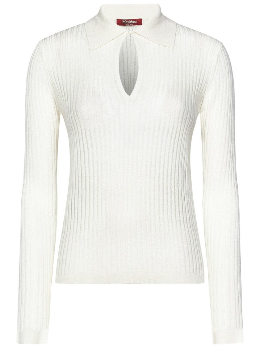 Max Mara Long-Sleeved White Silk And Wool Knit Polo Shirt