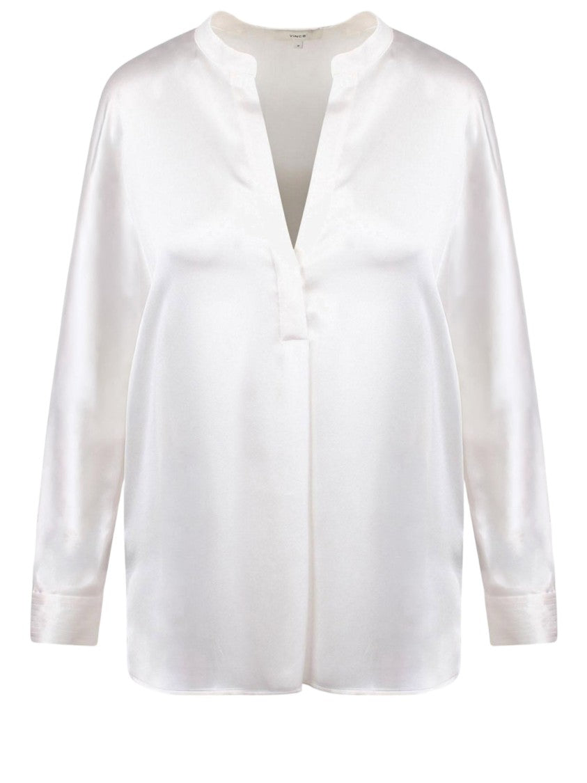 Vince Silk V-Neck Blouse With Mandarin Collar And Adjustable Cuffs