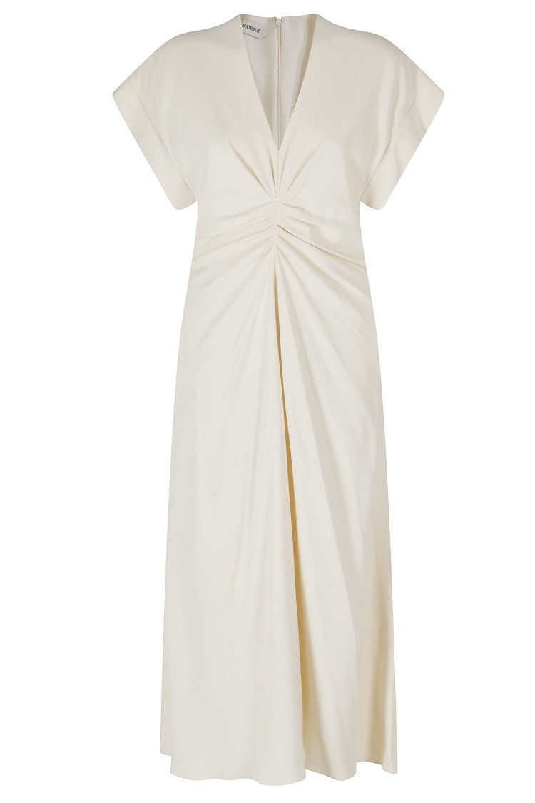Alberta Ferretti Ivory Draped Waist V-Neck Viscose Ankle-Length Dress