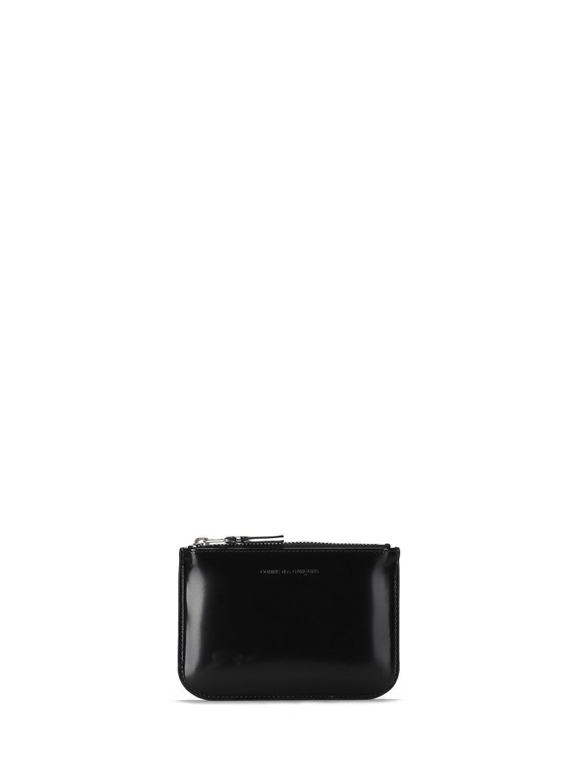 Comme Des Garçons Smooth Black Leather Zip Wallet With Silver Interior