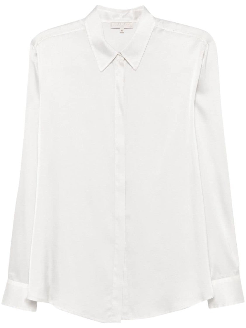 Antonelli Long-Sleeved Silk Blend Shirt With Curved Hem And Classic Collar