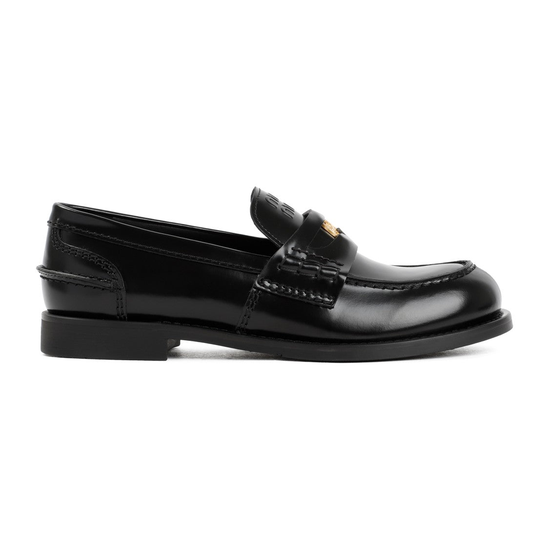 Miu Miu Black Calf Leather Loafers With Metal Plaque Detail