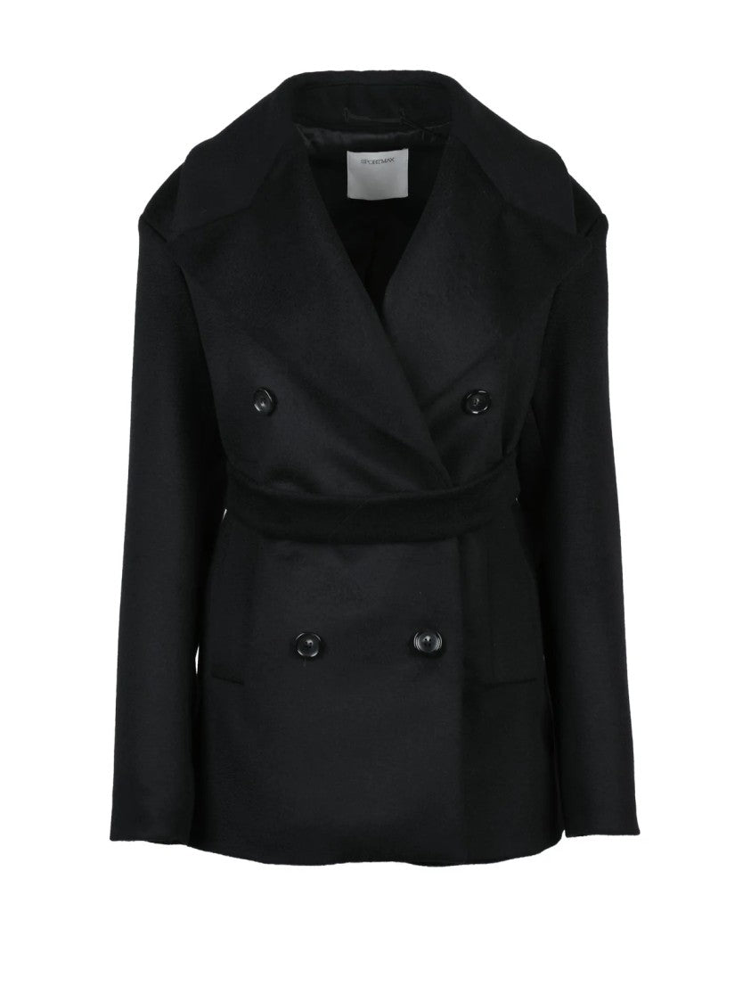 Sportmax Black Double-Breasted Belted Virgin Wool Peacoat