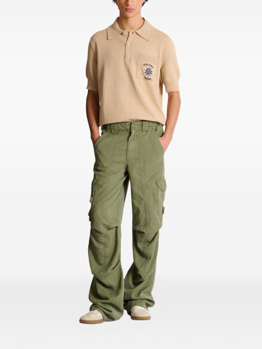 Balmain Beige Ribbed Short-Sleeve Polo Shirt