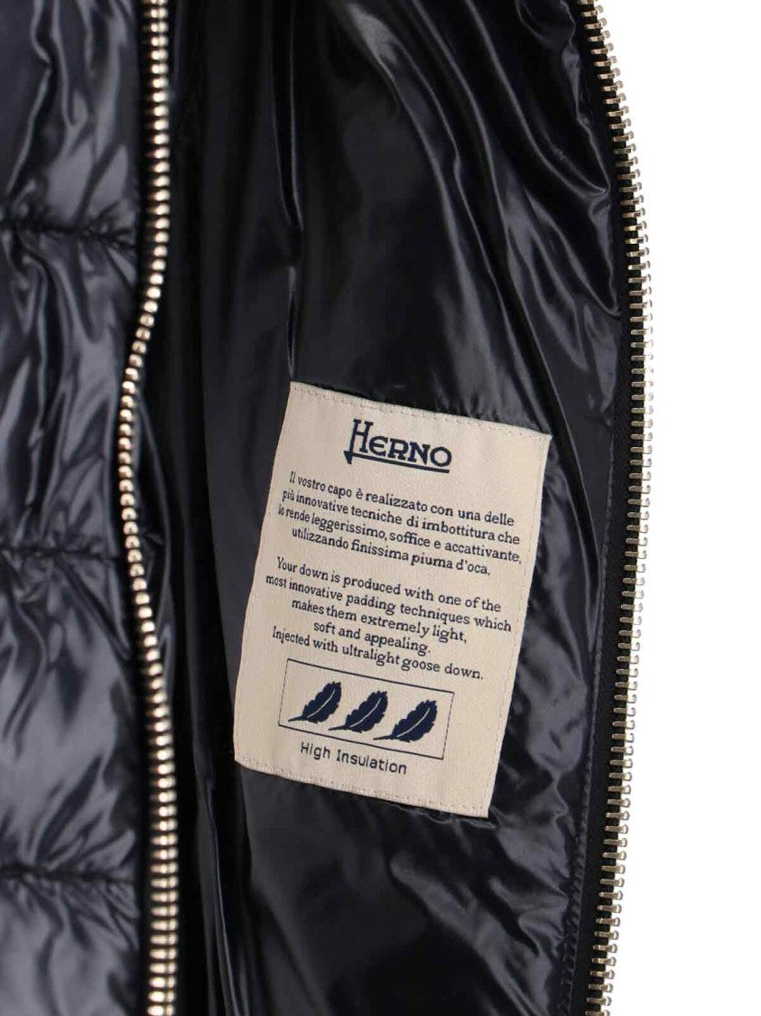 Herno Long Navy Puffer Jacket With Removable Ribbed Collar