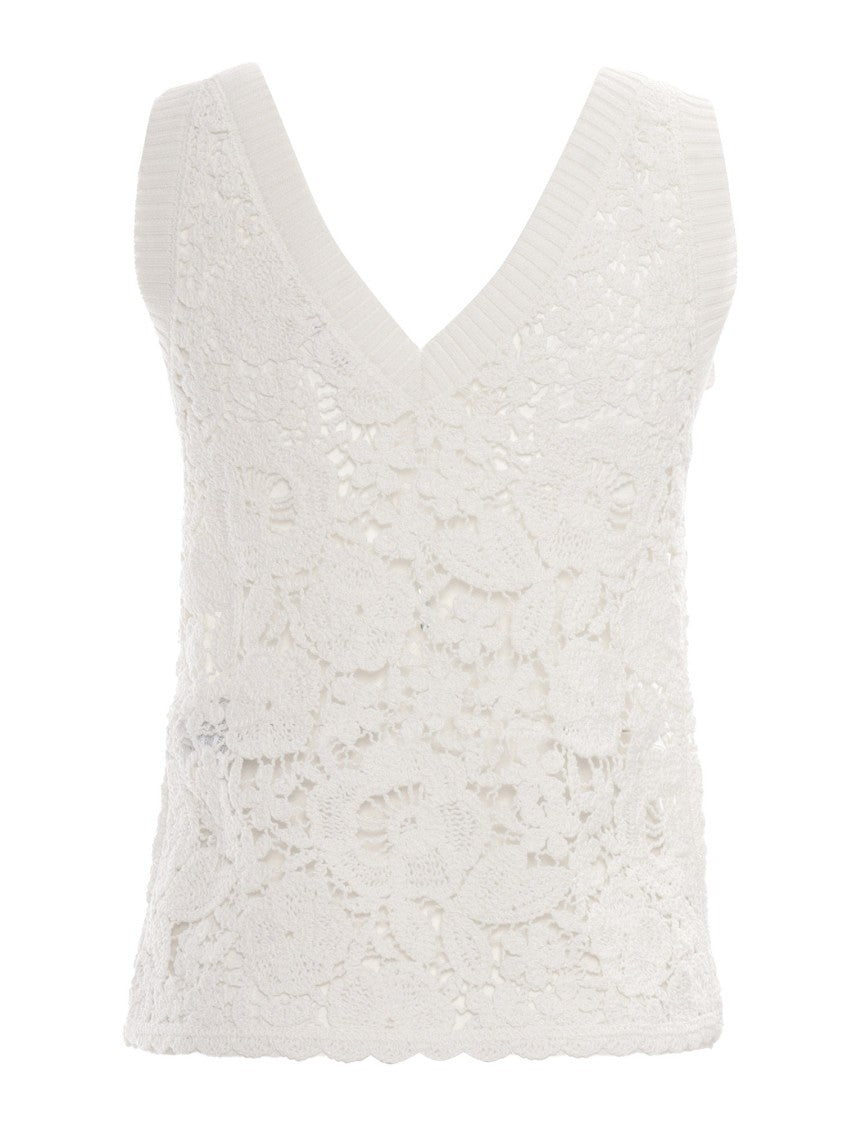 P.A.R.O.S.H. Sleeveless Floral Lace Top With Deep V-Neckline