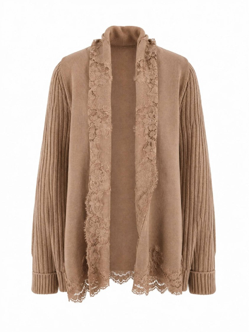 Ermanno Scervino Brown Lace-Trimmed Ribbed Knit Cardigan