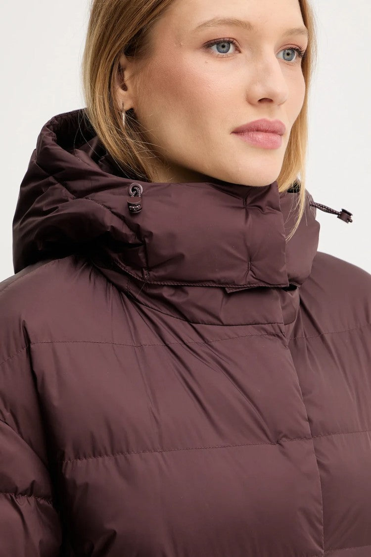 Max Mara Burgundy Quilted Long Coat With Adjustable Hood